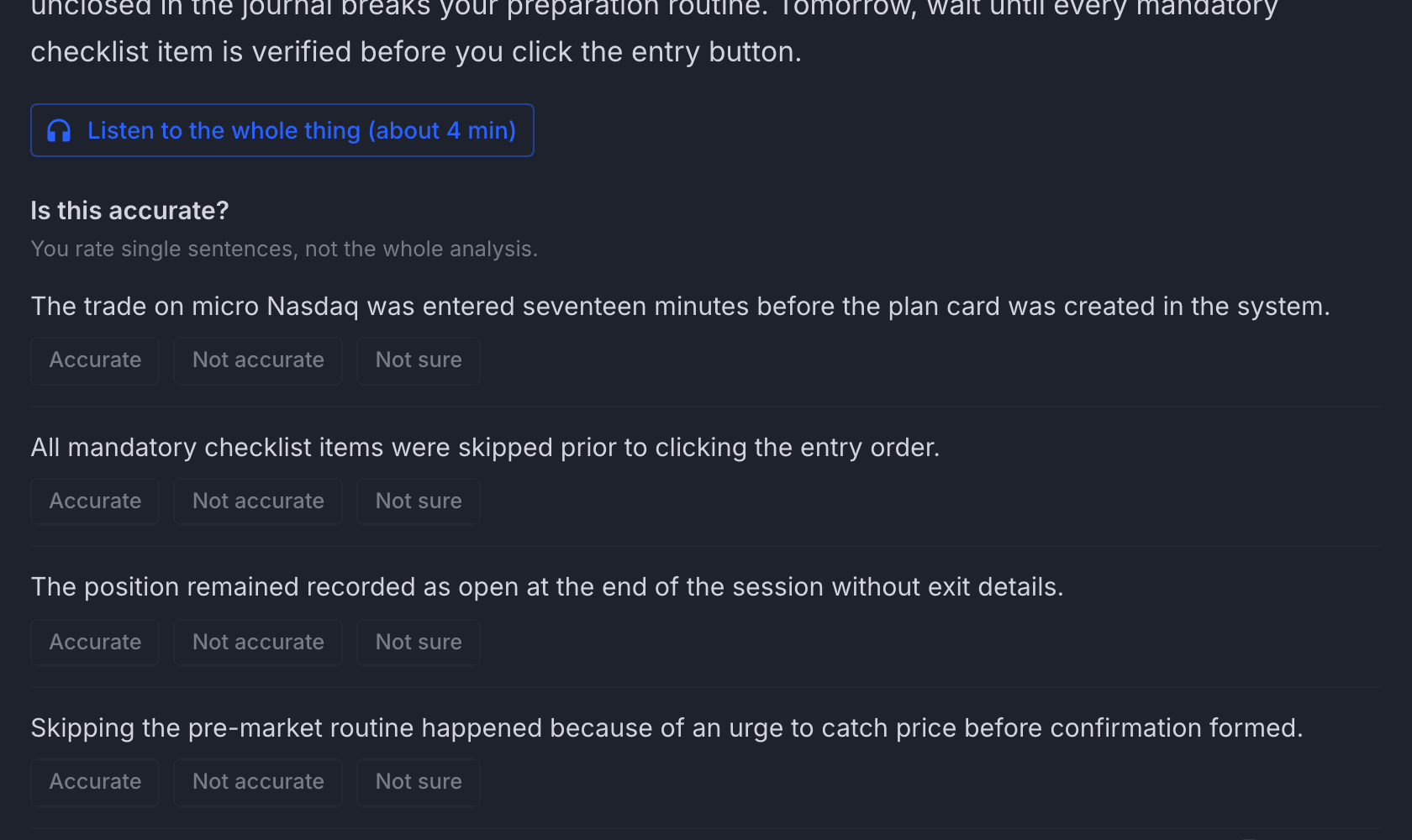 App screenshot: a deep analysis of the day in three sentences, a “Listen to the whole thing” button and sentences to rate: Accurate, Inaccurate, Not sure