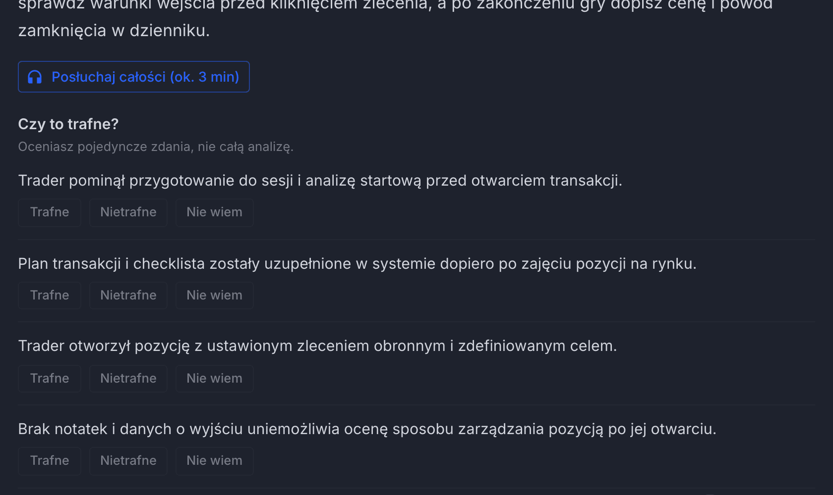 Zrzut z aplikacji: głęboka analiza dnia w trzech zdaniach, przycisk „Posłuchaj całości” i zdania do oceny: Trafne, Nietrafne, Nie wiem