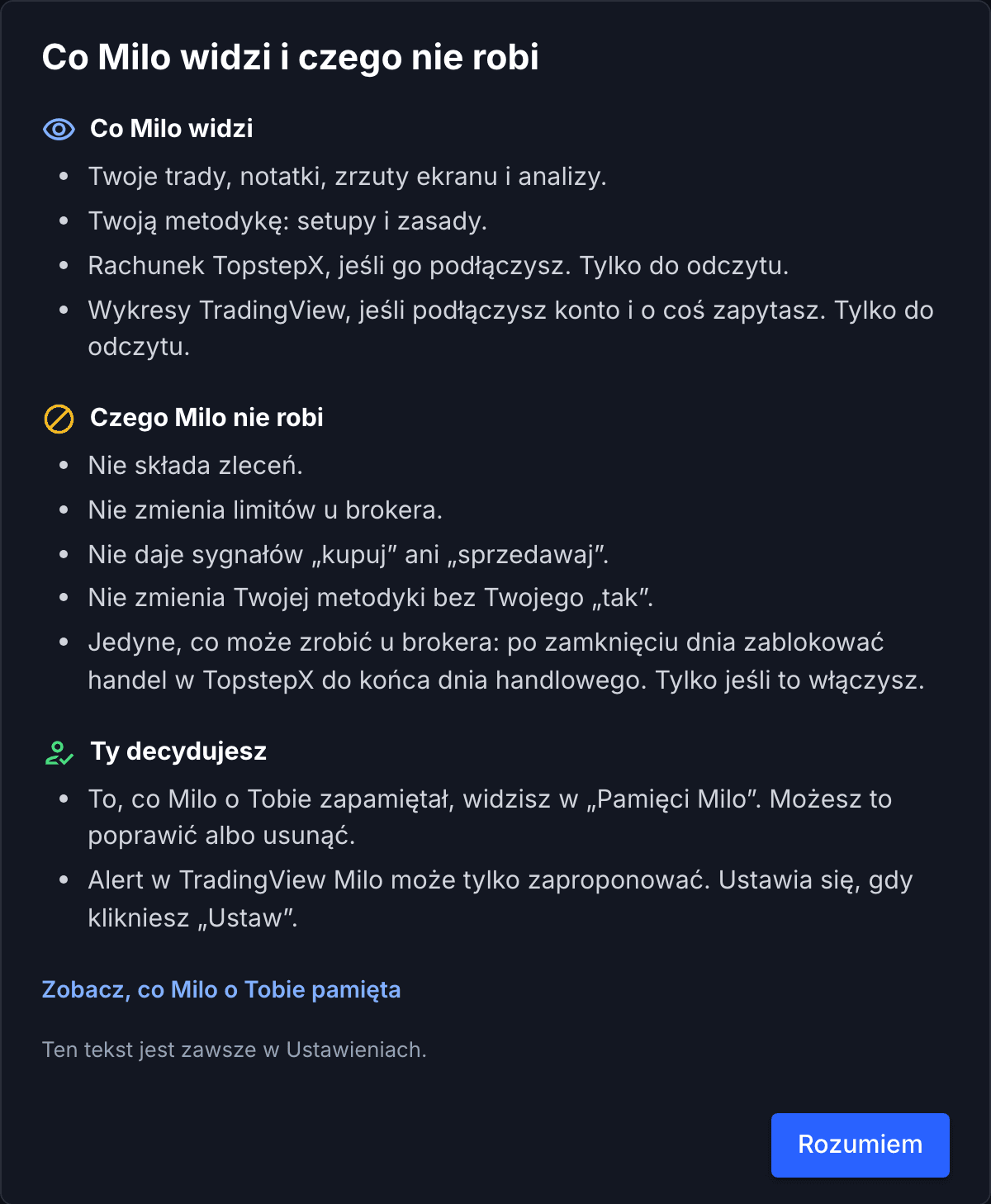 Zrzut z aplikacji: ekran „Co Milo widzi i czego nie robi”, pokazywany przed pierwszą rozmową