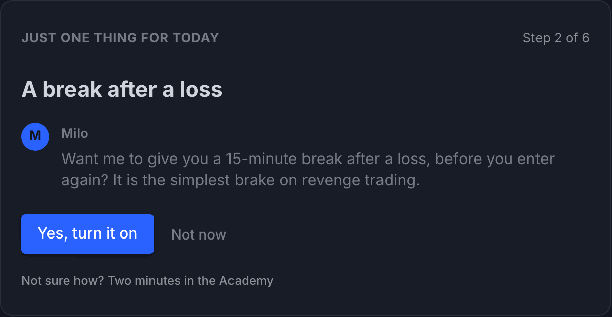 App screenshot: Milo offers a 15-minute break after a loss