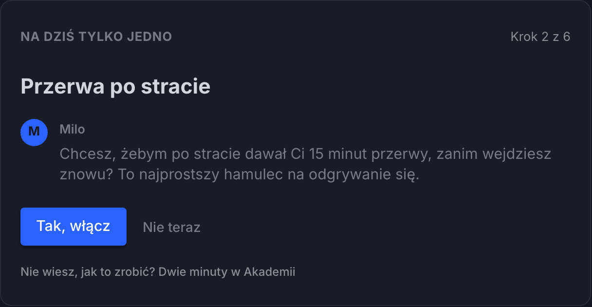 Zrzut z aplikacji: Milo proponuje 15 minut przerwy po stracie
